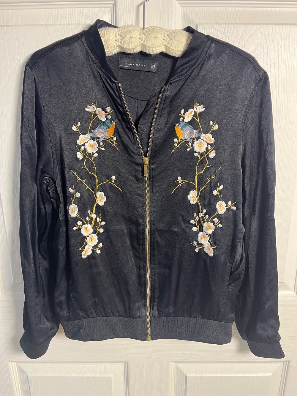 Zara Black Bomber Jacket with Floral & Bird Embroidery